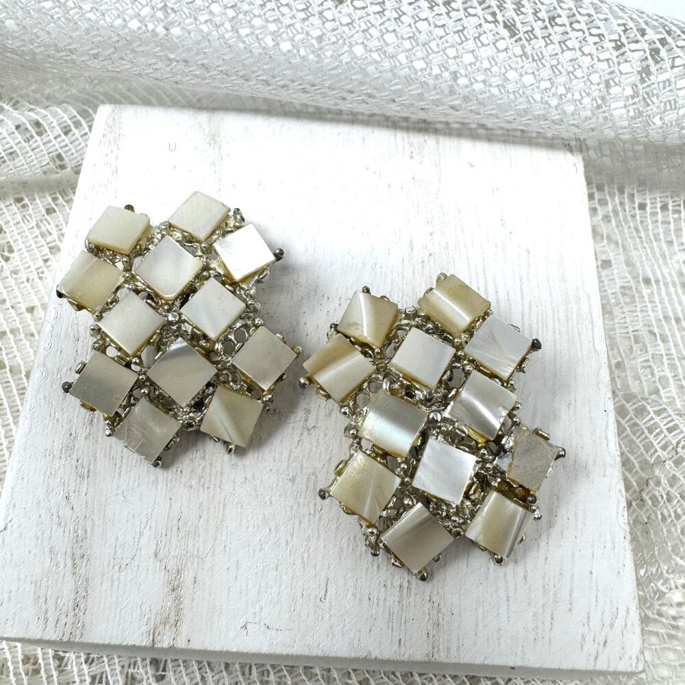 Vintage Mother Of Pearl Geometric Clip-On Earrings Silvertone